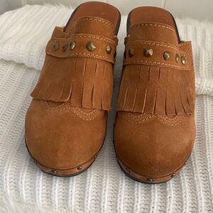 Michael Kors Tan Suede Kids Slippers with Fringe